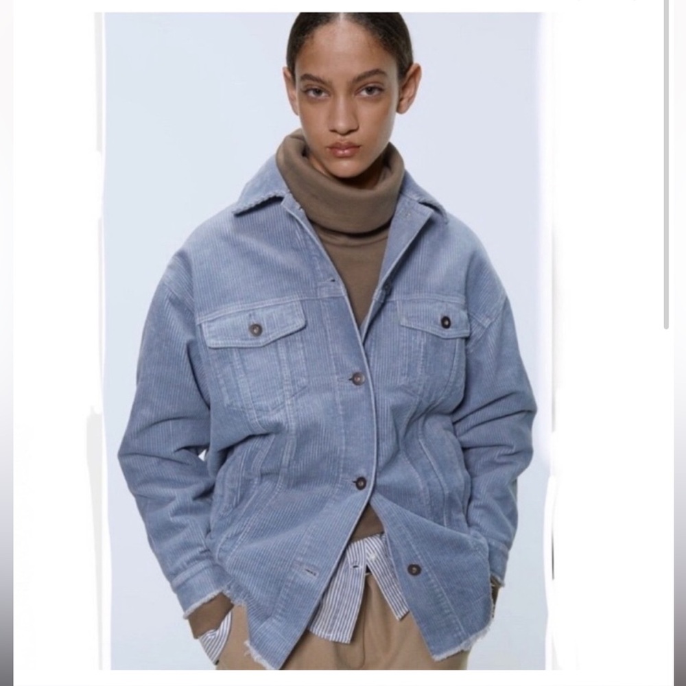 ZARA Light Blue Corduroy Oversized Raw Edge Shacket Jacket